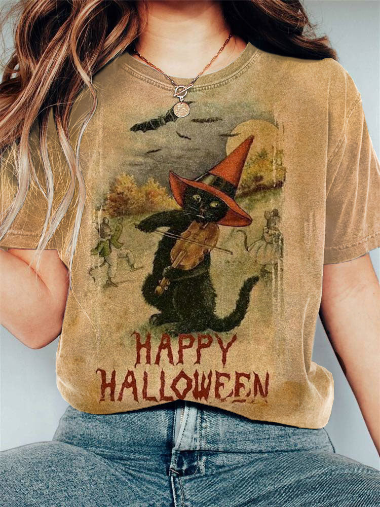 Halloween Black Cat Print Vintage T-Shirt