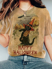 Halloween Black Cat Print Vintage T-Shirt