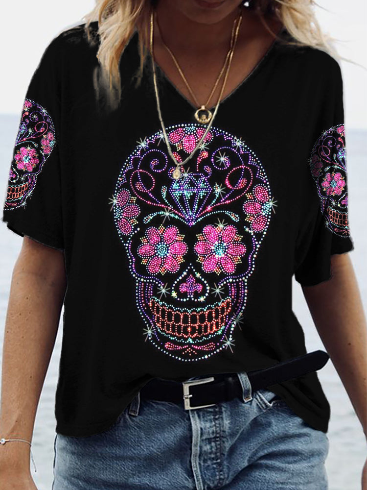Day of the Dead Glitter Skull Art V Neck Comfy T Shirt