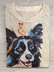 Women's Ms Duck And Her Border Collie Rider Print Casual Short Sleeve T-Shirt
