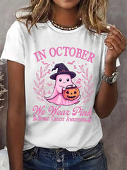 Women's In October We Wear Pink Halloween Ghost Breast Cancer Awareness Warrior Tee