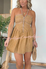 Sexy Halter Neck Backless Front Zip Denim Mini Dress