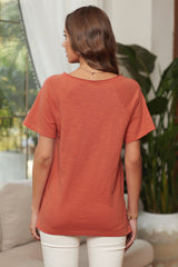 Women's Orange V Neck Short Sleeves Front Pocket and Side Slits Cotton Blend Tee