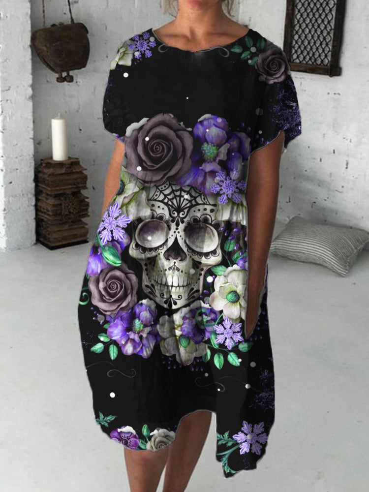 Day Of The Dead Flower Skull Pattern Midi Dress