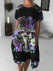 Day Of The Dead Flower Skull Pattern Midi Dress