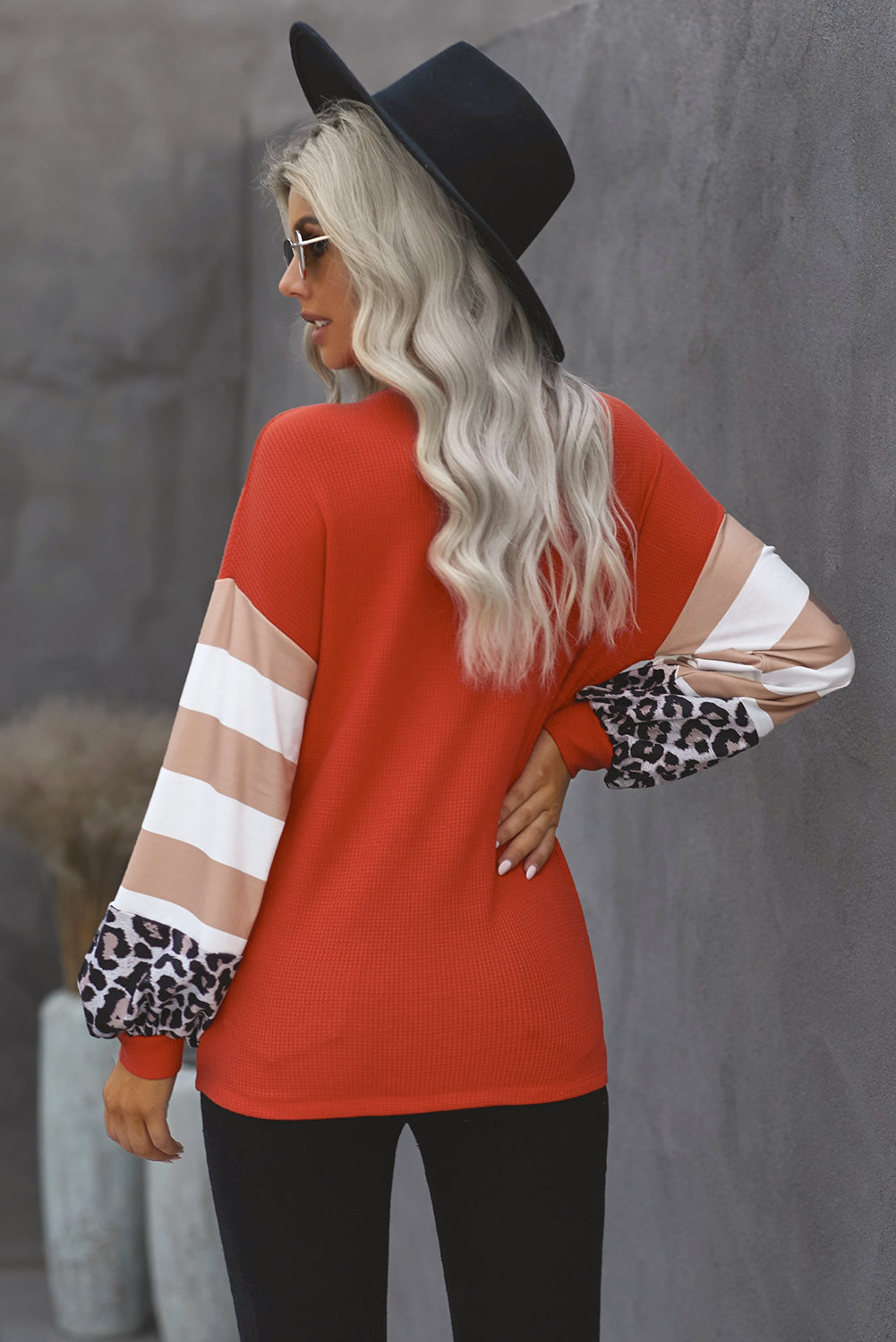 Women's Red V Neck Lantern Sleeve Leopard Stripe Splice Long Sleeve Top