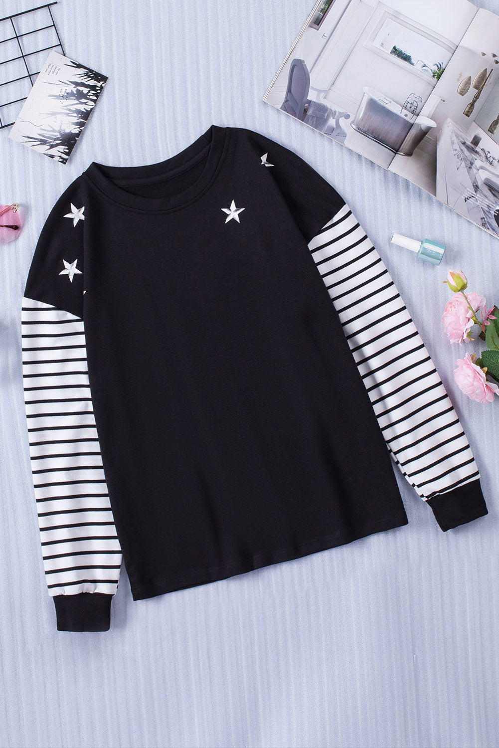 Women's Black Striped Star Long Sleeve Top