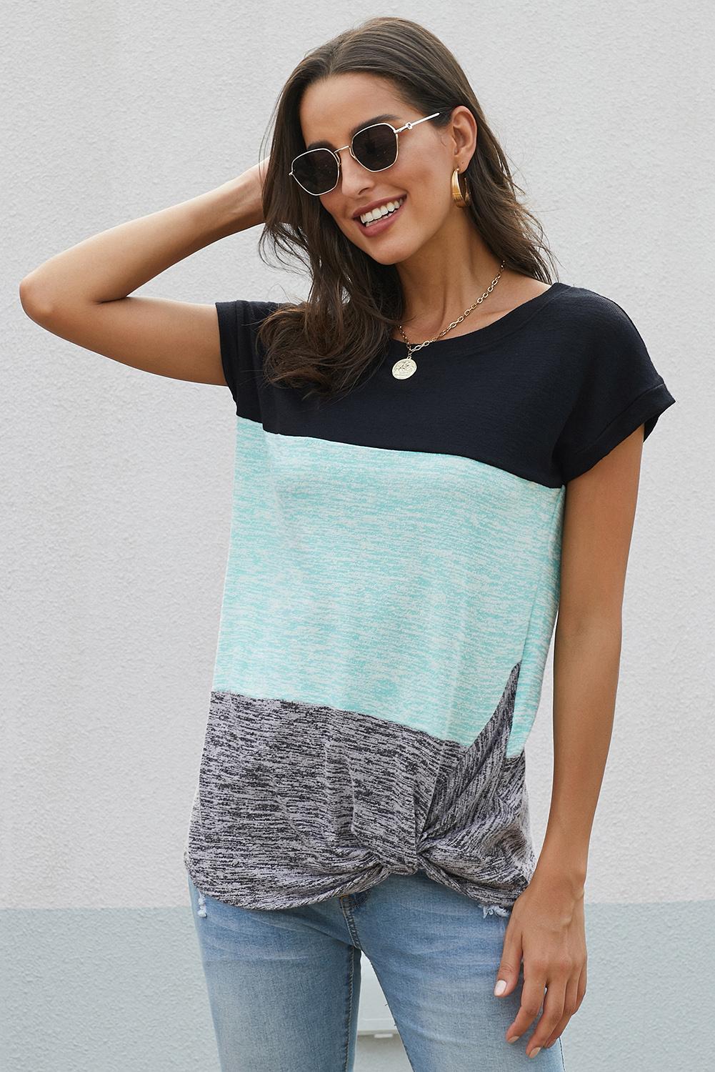 Women's Casual Green Color Block Twist Short Sleeve Tee
