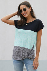 Women's Casual Green Color Block Twist Short Sleeve Tee