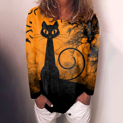 Cat Print Crew Neck Long Sleeve T-Shirt