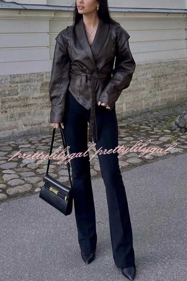 Street Warrior Faux Leather Distressed Style Lace-up Lapel Belt Oversized Jacket