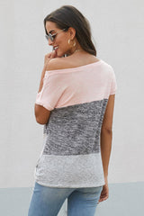 Women's Casual Pink Color Block Twist Short Sleeve Tee