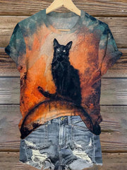 Women's Halloween Black Cat Print T-Shirt