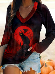 Red Moon Demon Cat Print V-Neck Long Sleeve Top
