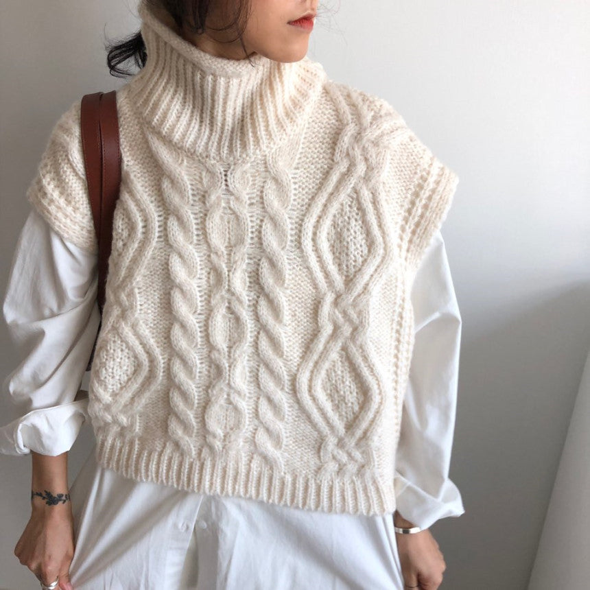 Vintage turtleneck hemp pattern loose knit sweater vest