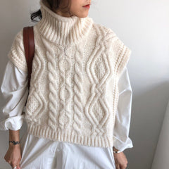 Vintage turtleneck hemp pattern loose knit sweater vest