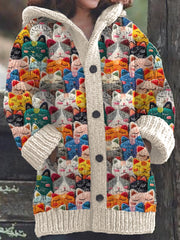 Cute Cats Felt Art Cozy Knit Hooded Cardigan