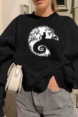 Moon Cat Print Long Sleeve Sweatshirt