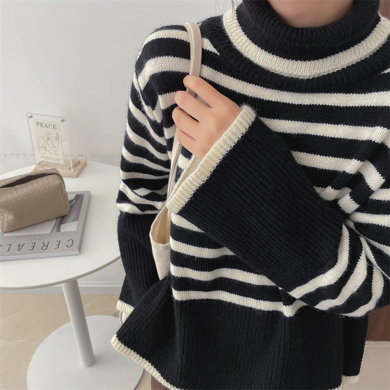 Contrasting Striped Turtleneck Sweater Women