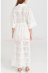 Darling Smile Pineapple Eyelet Crochet Lace Wide Sleeve Shirt Midi Dress