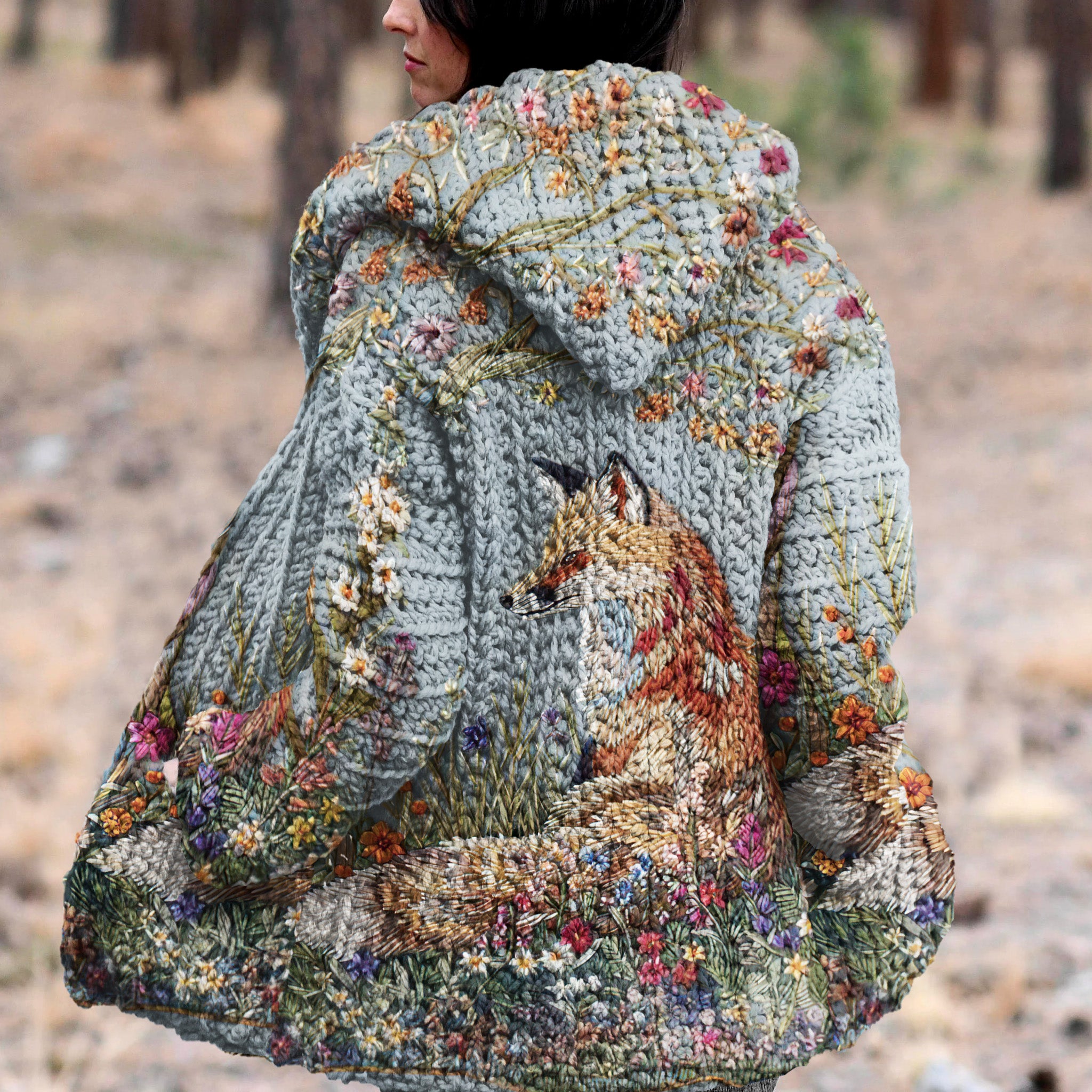 Fox Flower Print Long Sleeve Kint Hooded Cardigan