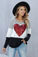 Women's Black White Heart Sequins Striped Long Sleeve Top