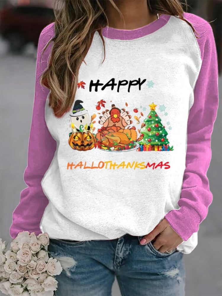 Ghost Turkey Christmas Tree Print Contrast Sweatshirt