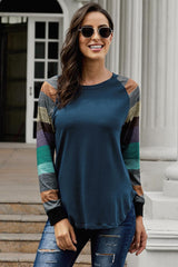 Women's Navy Color Block Long Sleeves Pullover Top