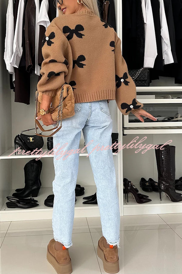 Vernie Knit Jewelry Pendant Bow Pattern Front Tie-up Long Sleeve Loose Cardigan