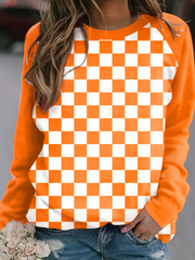 Orange Checkerboard Round Neck Casual Tops