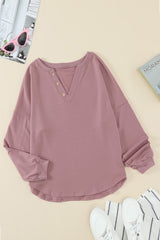 Women's Women Pink Buttoned V Neck Cotton Loose Fit Top