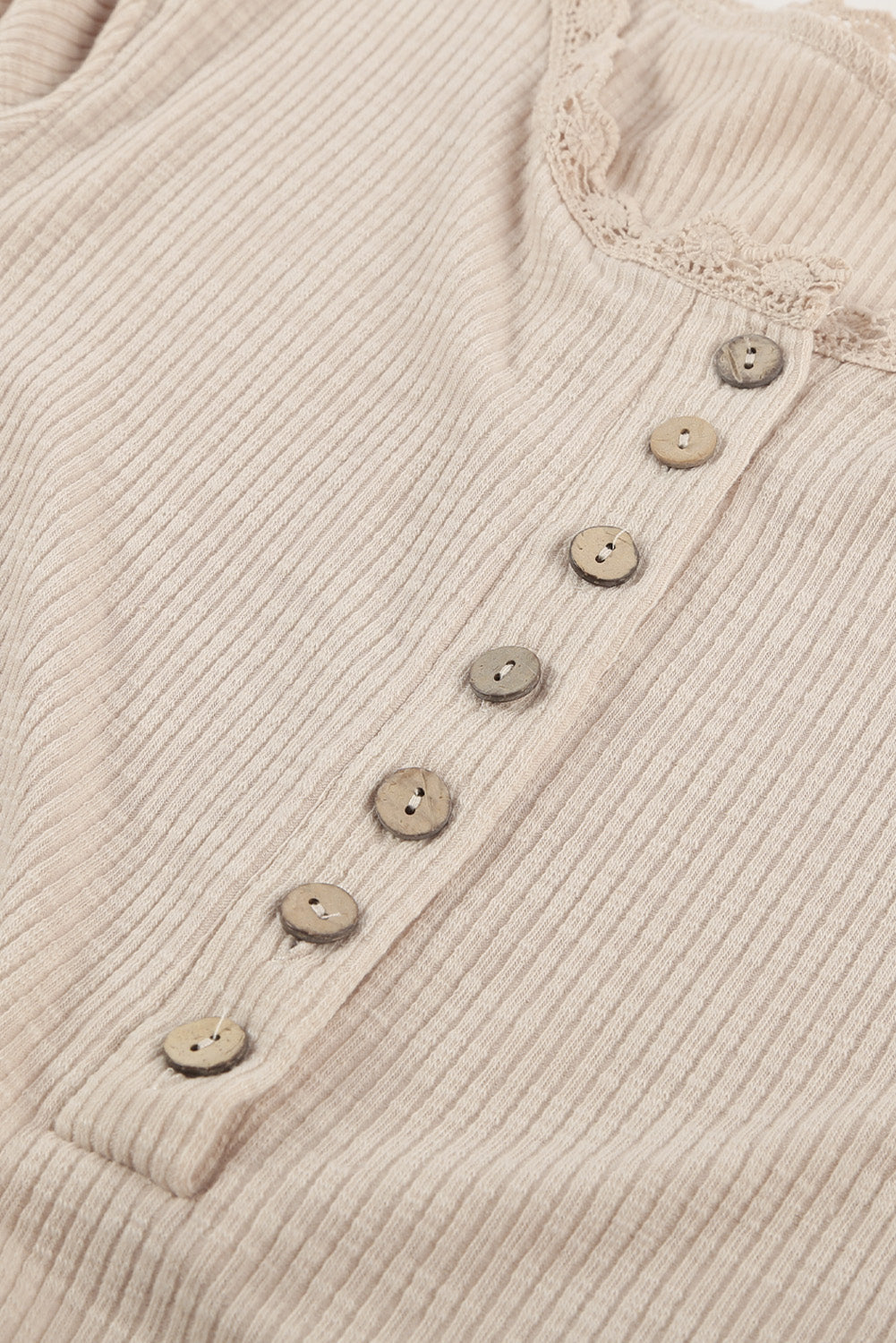 Women's Beige Crew Neck Buttoned Ribbed Knit Short Sleeve Top