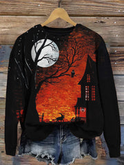 Halloween Witch Black Cat Haunted House Art Sweatshirt