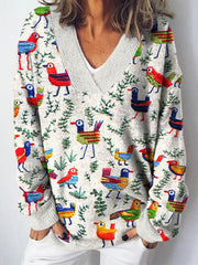 Embroidery Bird Art Print V-Neck Cozy Knit Sweater