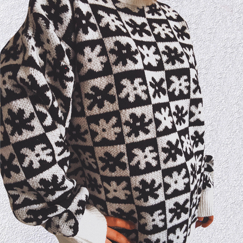 Casual Floral Plaid Round Collar Long Sleeve Loose Knit Sweater