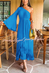 Solid Color One-sleeve Waisted Lace-up Fringed Hem Elegant Maxi Dress