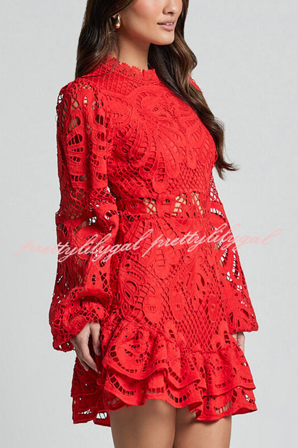 Solid Color Hollow Long-sleeved Waisted Lace Mini Dress