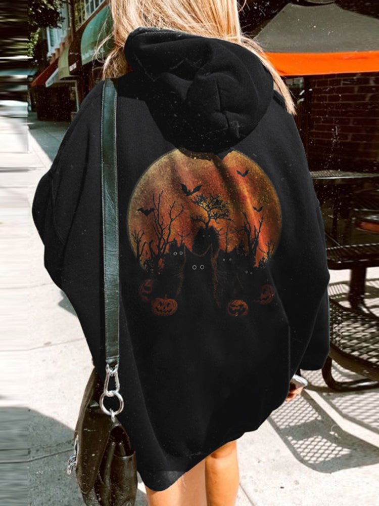 Halloween Cat Print Long Sleeve Hoodie