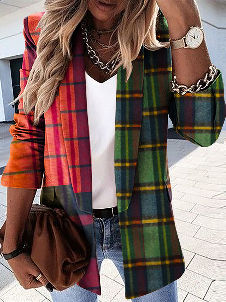 Stylish Contrasting Check Print Casual Blazer