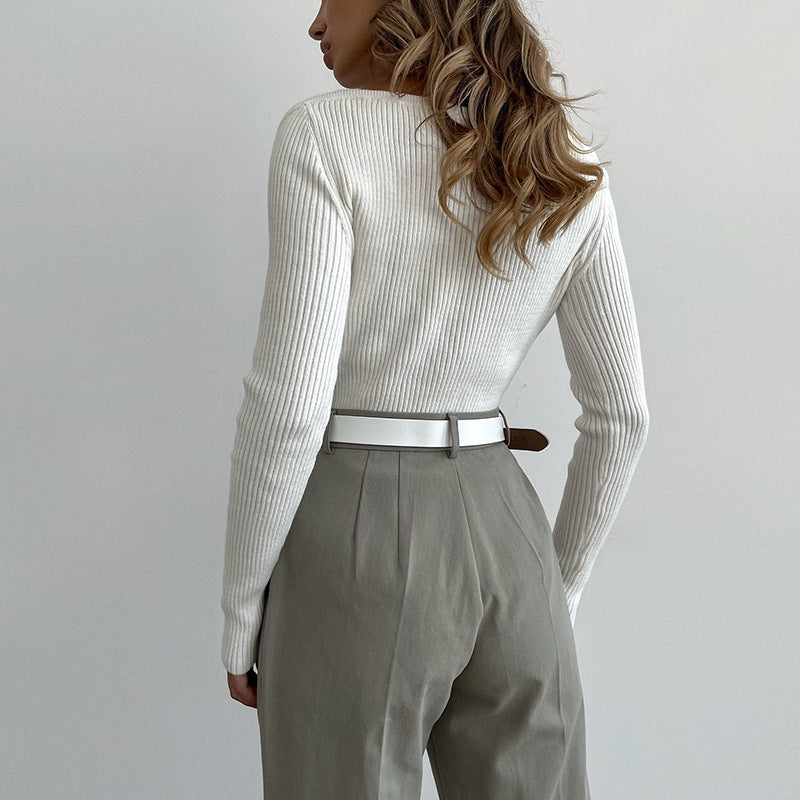 Square Neck Slim Knit Sweater with Long Sleeves Top