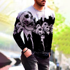 Crew Neck Halloween Skull Print Long Sleeve T-Shirt