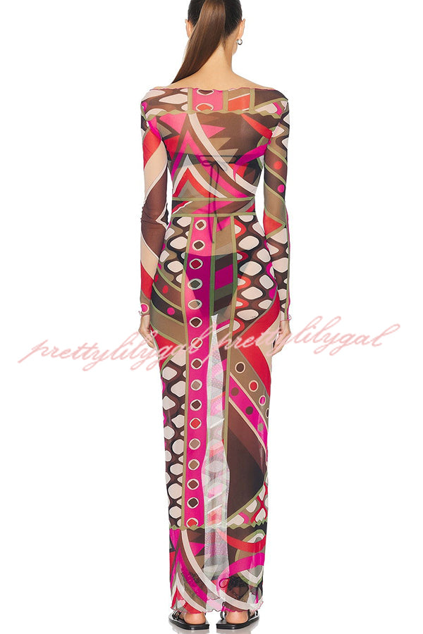 Gypsy Girl Mesh Unique Print Wide Neck Long Sleeve Stretch Maxi Dress