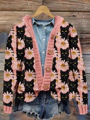 Gold Glitter Black Cat Art Cozy Hooded Cardigan