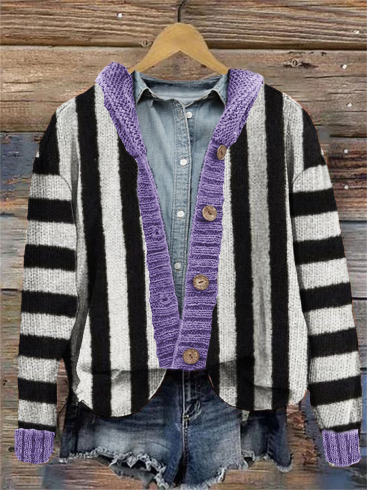 Halloween Horror Movie Inspired Striped Contrast Hooded Cardigan