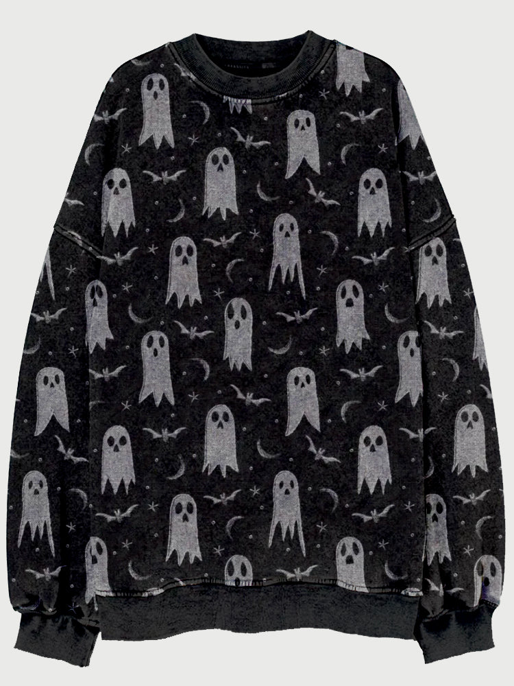 Halloween Ghosts Embroidered Vintage Washed Sweatshirt