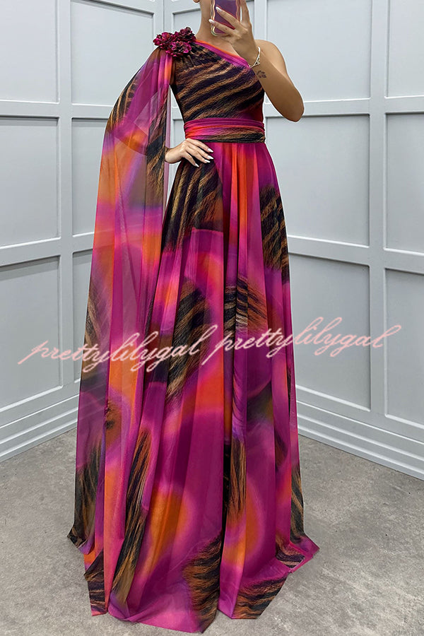 Lucia Unique Print Floral Detail One Shoulder Draped Sleeve Gown Maxi Dress