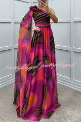 Lucia Unique Print Floral Detail One Shoulder Draped Sleeve Gown Maxi Dress