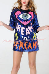 Love Eyes Letters Sequined Round Neck Short Sleeve Mid-Length Loose T-Shirt