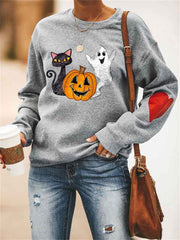 Halloween Black Cat Ghost & Pumpkin Graphic Sweatshirt