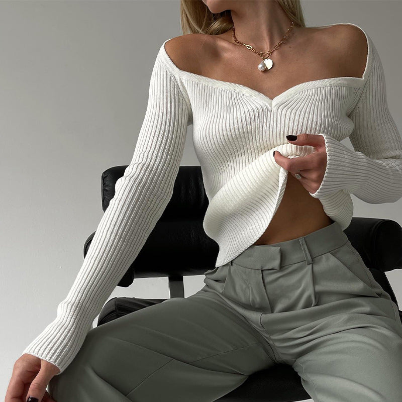 Square Neck Slim Knit Sweater with Long Sleeves Top